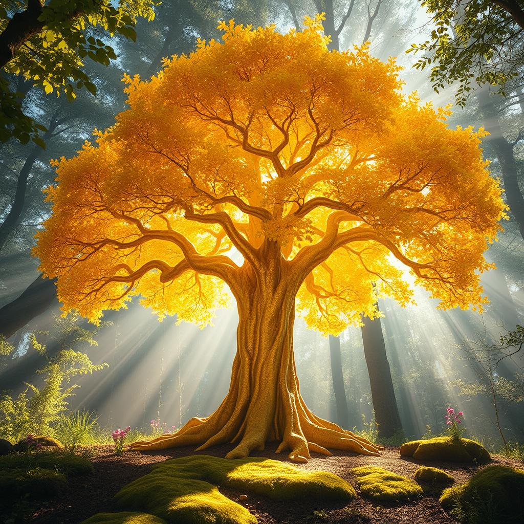 A magnificent golden tree standing tall in an enchanted forest