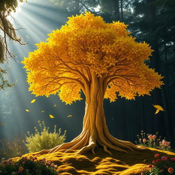A magnificent golden tree standing tall in an enchanted forest