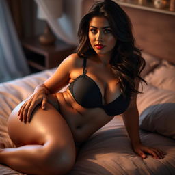 A sensual scene featuring an attractive Indian woman in her 30s, with curvy attributes including pronounced thighs, a voluptuous figure, and ample bosom