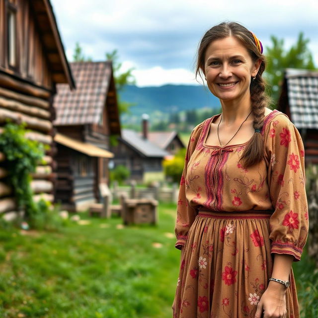 A rustic Russian village woman aged 35 to 45 years, depicted in full length