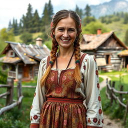 A rustic Russian village woman aged 35 to 45 years, depicted in full length