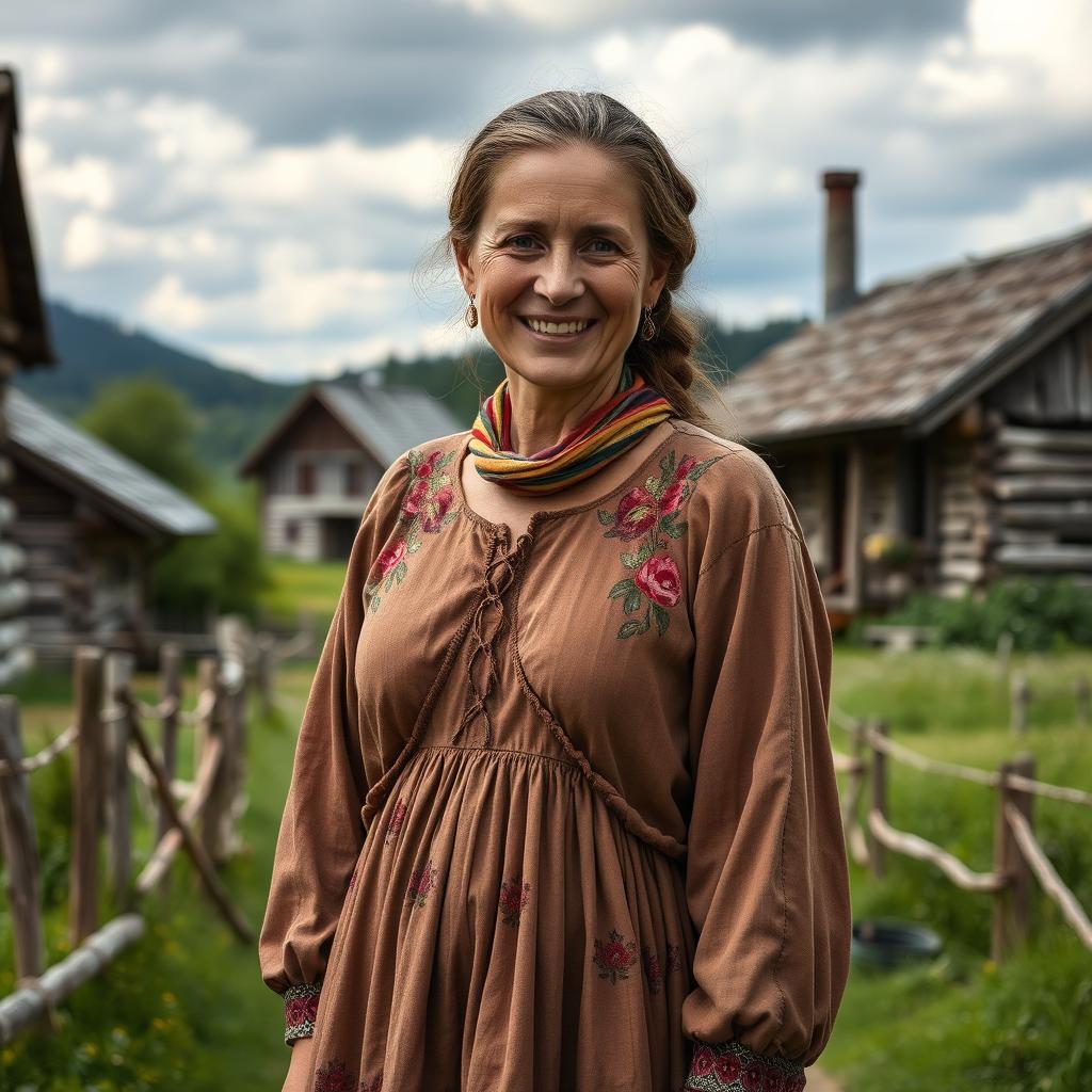 A rustic Russian village woman aged 35 to 45 years, depicted in full length