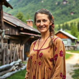 A rustic Russian village woman aged 35 to 45 years, depicted in full length