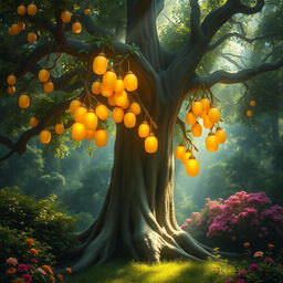 A magnificent tree with radiant golden fruits hanging from its branches, standing tall in a mystical forest