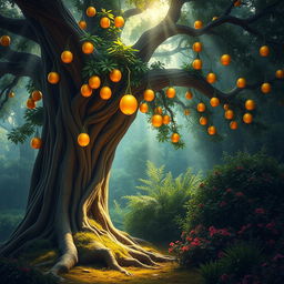 A magnificent tree with radiant golden fruits hanging from its branches, standing tall in a mystical forest