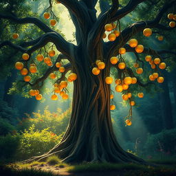 A magnificent tree with radiant golden fruits hanging from its branches, standing tall in a mystical forest