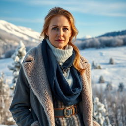A beautiful Russian woman aged 35 to 45 years, depicted in full length against a picturesque winter landscape