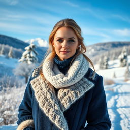 A beautiful Russian woman aged 35 to 45 years, depicted in full length against a picturesque winter landscape