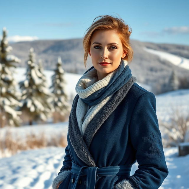 A beautiful Russian woman aged 35 to 45 years, depicted in full length against a picturesque winter landscape