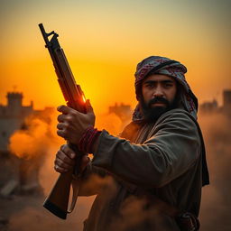 A dramatic scene depicting a Palestinian man holding a vintage gun with a determined expression, set against a backdrop of a sunset in a Middle Eastern city, showcasing traditional architecture and warm hues
