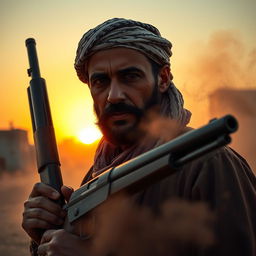 A dramatic scene depicting a Palestinian man holding a vintage gun with a determined expression, set against a backdrop of a sunset in a Middle Eastern city, showcasing traditional architecture and warm hues