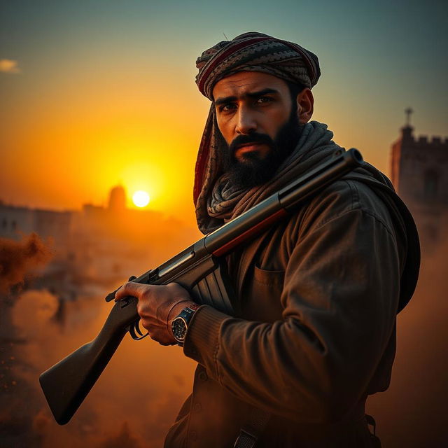 A dramatic scene depicting a Palestinian man holding a vintage gun with a determined expression, set against a backdrop of a sunset in a Middle Eastern city, showcasing traditional architecture and warm hues