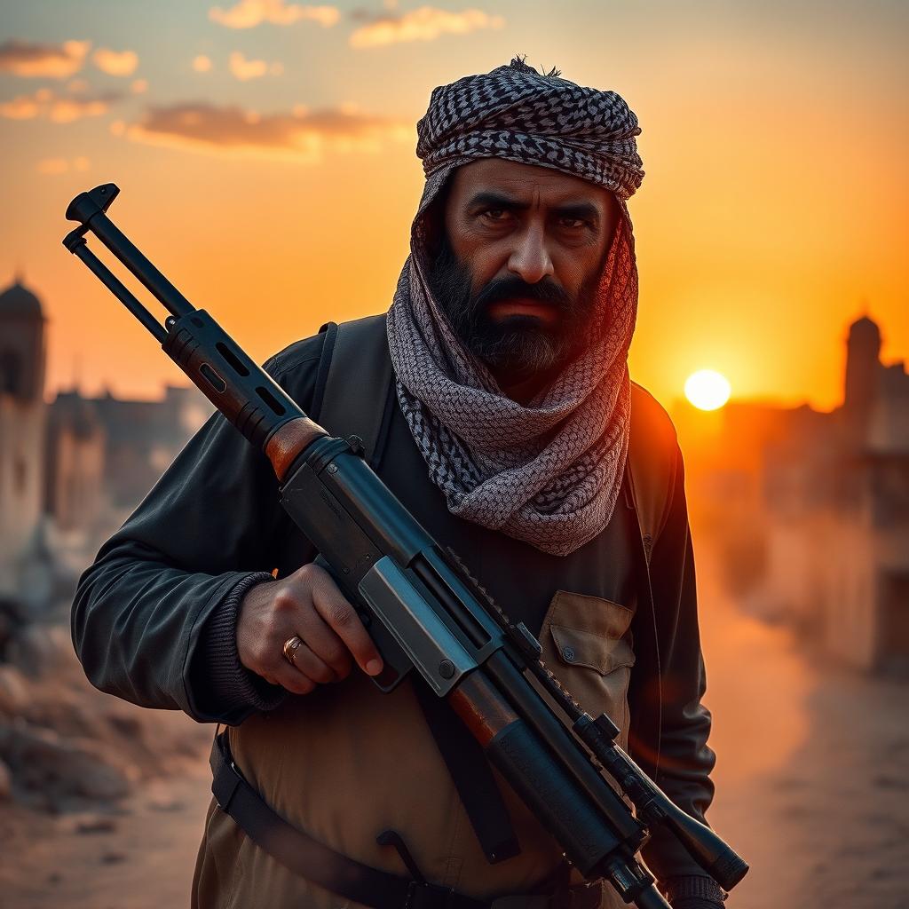 A dramatic scene depicting a Palestinian man holding a vintage gun with a determined expression, set against a backdrop of a sunset in a Middle Eastern city, showcasing traditional architecture and warm hues