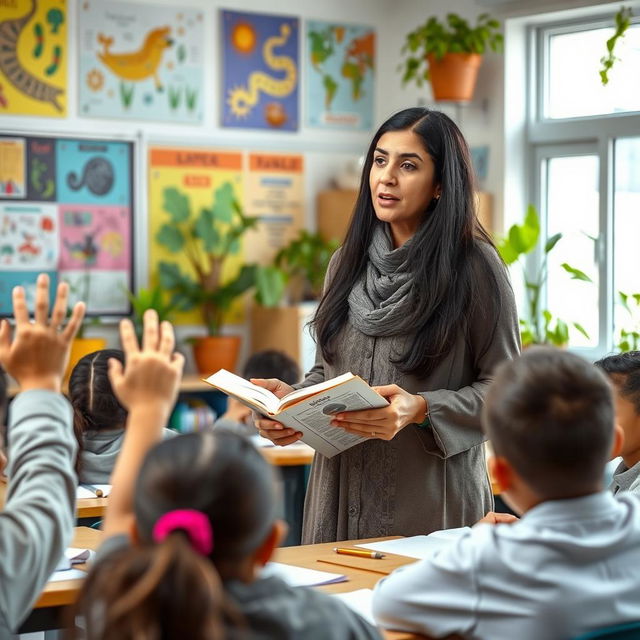 An Iranian biology teacher passionately explaining a complex biological concept in front of a colorful classroom filled with educational posters and plants