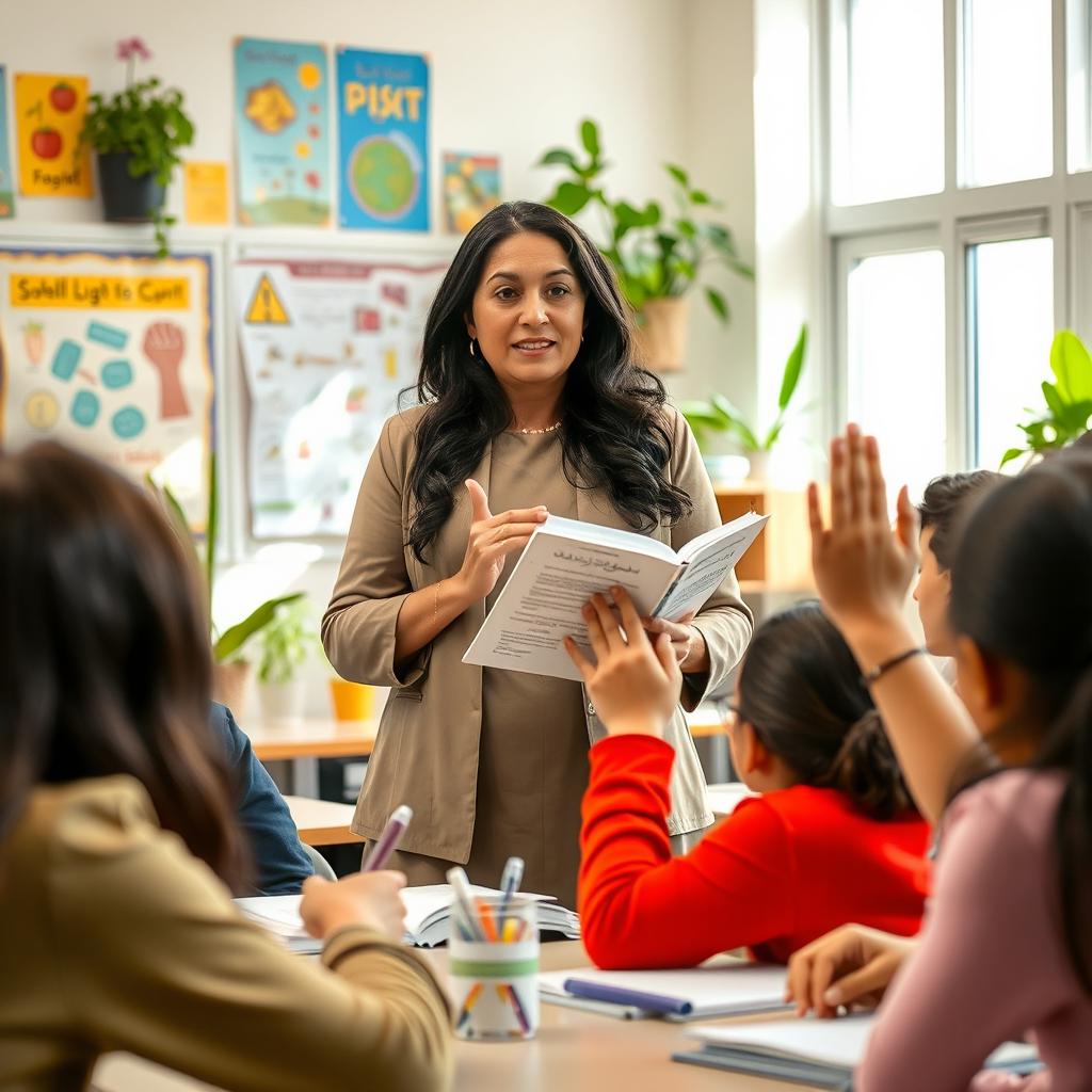 An Iranian biology teacher passionately explaining a complex biological concept in front of a colorful classroom filled with educational posters and plants