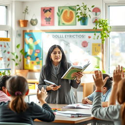 An Iranian biology teacher passionately explaining a complex biological concept in front of a colorful classroom filled with educational posters and plants