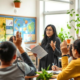 An Iranian biology teacher passionately explaining a complex biological concept in front of a colorful classroom filled with educational posters and plants