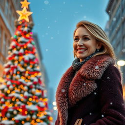 A beautiful Russian woman aged 35 to 45 years, depicted in full length against the backdrop of a festive winter city scene featuring a decorated Christmas tree