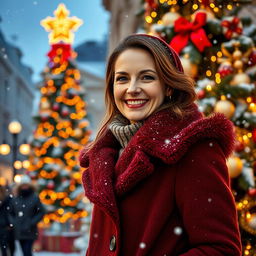 A beautiful Russian woman aged 35 to 45 years, depicted in full length against the backdrop of a festive winter city scene featuring a decorated Christmas tree