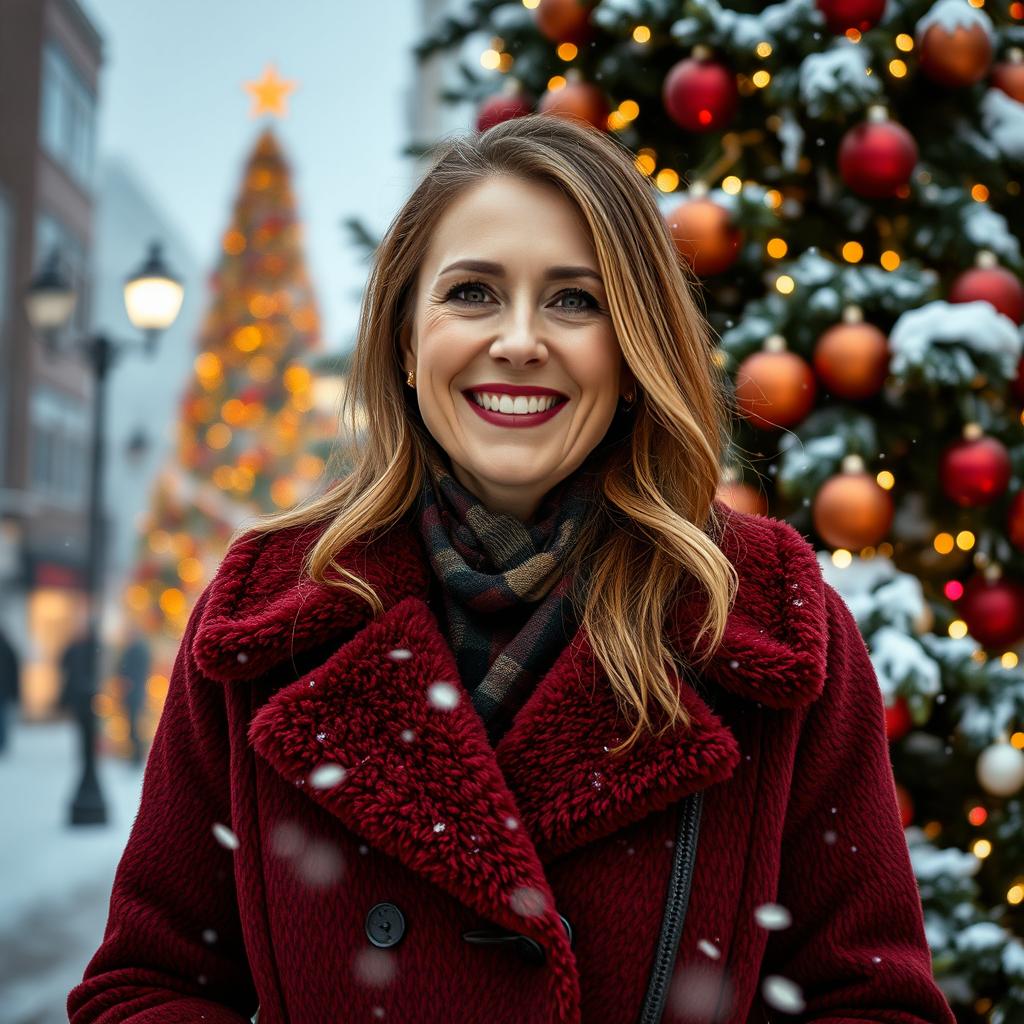 A beautiful Russian woman aged 35 to 45 years, depicted in full length against the backdrop of a festive winter city scene featuring a decorated Christmas tree