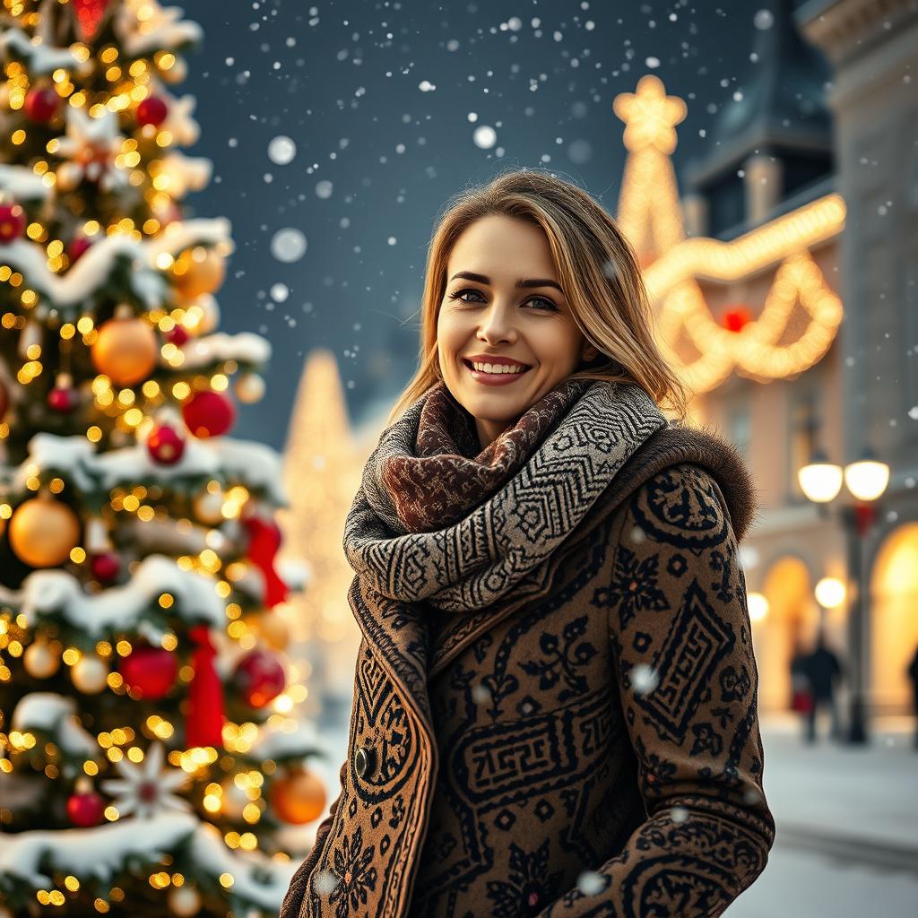 A stunning Russian woman aged 35 to 45 years, depicted in full length against the backdrop of a beautifully decorated winter city Christmas tree