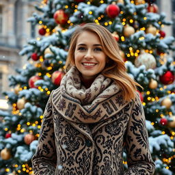 A stunning Russian woman aged 35 to 45 years, depicted in full length against the backdrop of a beautifully decorated winter city Christmas tree