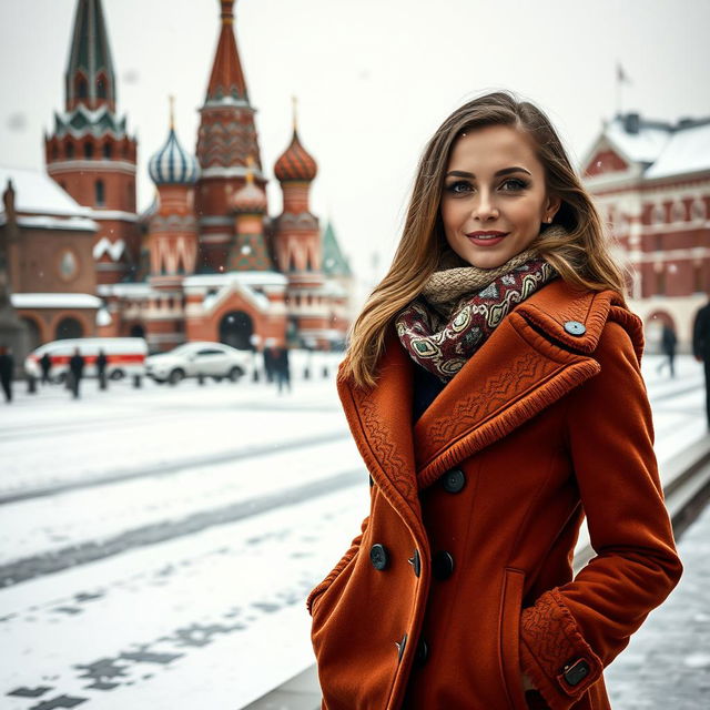 A stunning Russian woman aged 35 to 45 years, depicted in full length against the iconic background of Red Square during winter