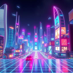 A stunning digital 3D rendering of a futuristic city skyline at night, heavily illuminated with vibrant neon colors