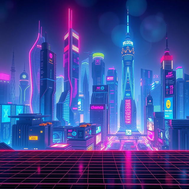 A stunning digital 3D rendering of a futuristic city skyline at night, heavily illuminated with vibrant neon colors