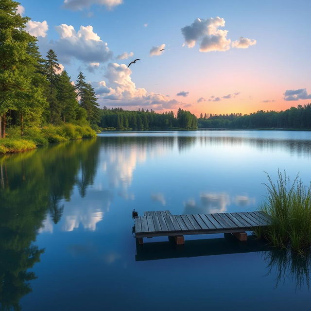 A smooth and clear landscape featuring a serene lake surrounded by lush greenery and tall trees