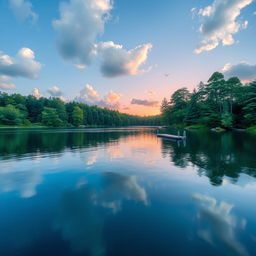 A smooth and clear landscape featuring a serene lake surrounded by lush greenery and tall trees
