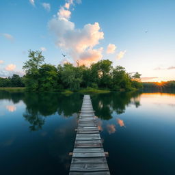 A smooth and clear landscape featuring a serene lake surrounded by lush greenery and tall trees