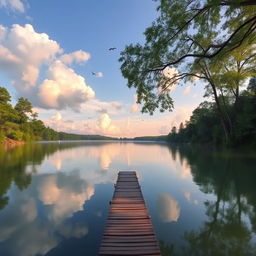 A smooth and clear landscape featuring a serene lake surrounded by lush greenery and tall trees