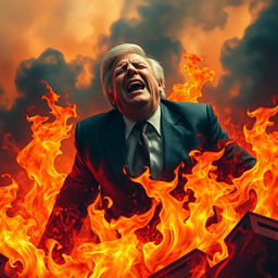 A powerful and surreal image of a figure resembling a politician, struggling in flames, showcasing intense expressions of pain and torment