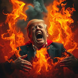 A powerful and surreal image of a figure resembling a politician, struggling in flames, showcasing intense expressions of pain and torment