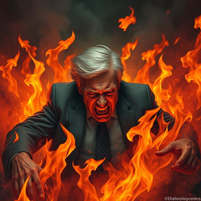 A powerful and surreal image of a figure resembling a politician, struggling in flames, showcasing intense expressions of pain and torment