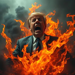 A powerful and surreal image of a figure resembling a politician, struggling in flames, showcasing intense expressions of pain and torment