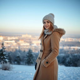 A stunning Russian woman aged 35 to 45 years, depicted in full length against the picturesque backdrop of Sparrow Hills (Vorobyovy Gory) in winter
