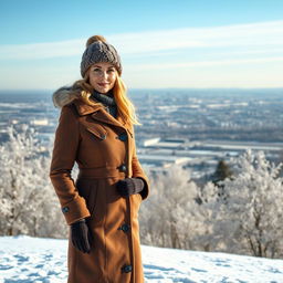 A stunning Russian woman aged 35 to 45 years, depicted in full length against the picturesque backdrop of Sparrow Hills (Vorobyovy Gory) in winter