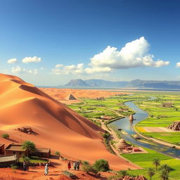 A stunning landscape of Sudan showcasing its diverse geography, featuring the vast Sahara Desert with rolling sand dunes, the lush Nile River winding through vibrant green farmland, and the majestic mountains in the distance