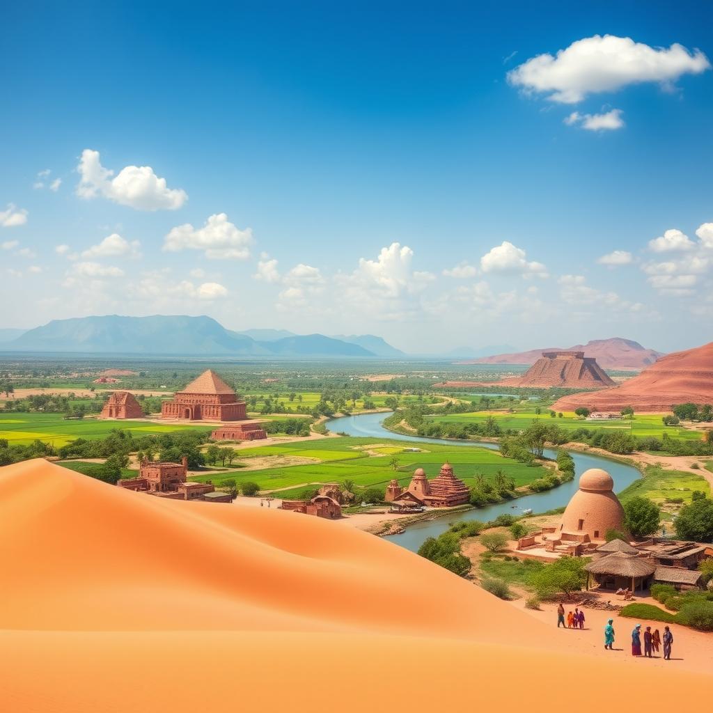 A stunning landscape of Sudan showcasing its diverse geography, featuring the vast Sahara Desert with rolling sand dunes, the lush Nile River winding through vibrant green farmland, and the majestic mountains in the distance