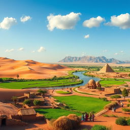 A stunning landscape of Sudan showcasing its diverse geography, featuring the vast Sahara Desert with rolling sand dunes, the lush Nile River winding through vibrant green farmland, and the majestic mountains in the distance