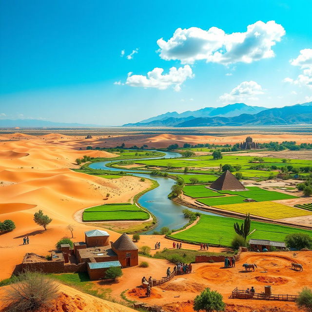 A stunning landscape of Sudan showcasing its diverse geography, featuring the vast Sahara Desert with rolling sand dunes, the lush Nile River winding through vibrant green farmland, and the majestic mountains in the distance