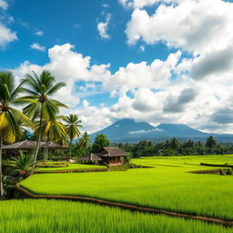 A serene landscape in Indonesia featuring a lush green rice terrace with vibrant green hues and neatly arranged fields in the foreground, surrounded by tall palm trees under a blue sky filled with fluffy white clouds