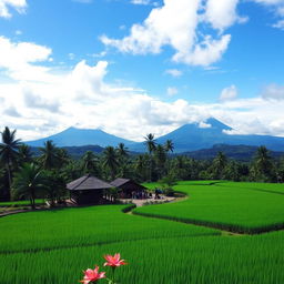 A serene landscape in Indonesia featuring a lush green rice terrace with vibrant green hues and neatly arranged fields in the foreground, surrounded by tall palm trees under a blue sky filled with fluffy white clouds