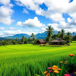 A serene landscape in Indonesia featuring a lush green rice terrace with vibrant green hues and neatly arranged fields in the foreground, surrounded by tall palm trees under a blue sky filled with fluffy white clouds