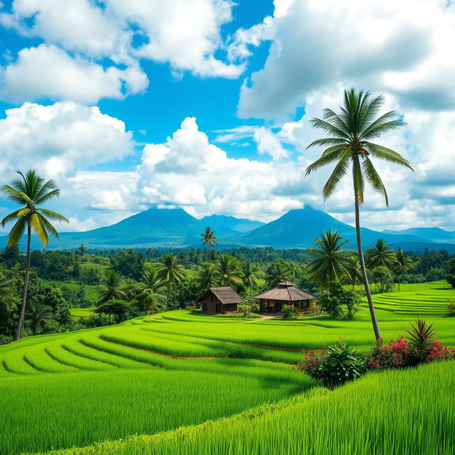 A serene landscape in Indonesia featuring a lush green rice terrace with vibrant green hues and neatly arranged fields in the foreground, surrounded by tall palm trees under a blue sky filled with fluffy white clouds