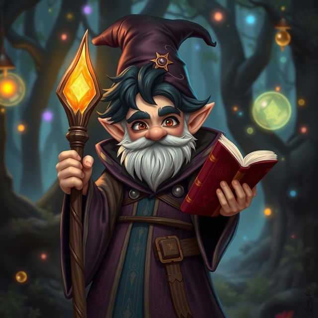 A gnome male mage with dark hair, wearing a richly detailed wizard robe adorned with mystical symbols