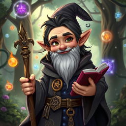 A gnome male mage with dark hair, wearing a richly detailed wizard robe adorned with mystical symbols