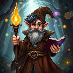A gnome male mage with dark hair, wearing a richly detailed wizard robe adorned with mystical symbols